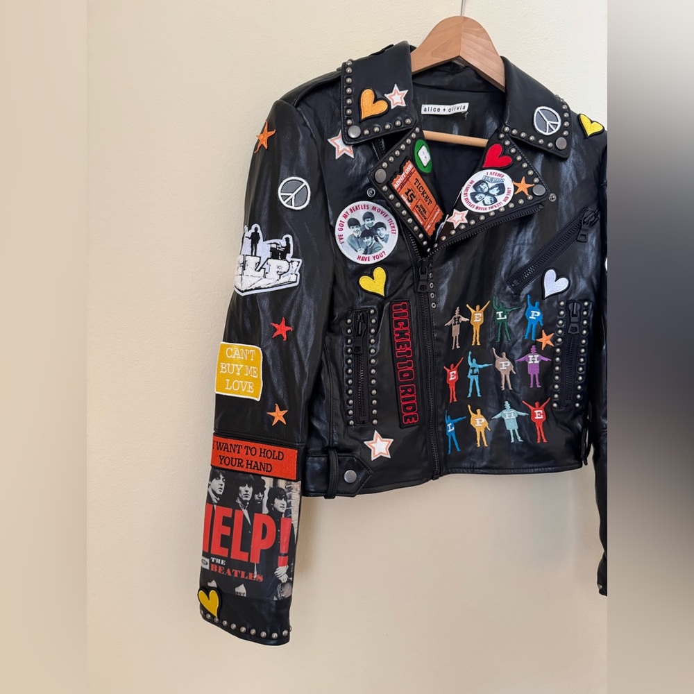 Alice + Olivia x The Beatles Cody Vegan Leather Jacket Black Small - Picture 2 of 9